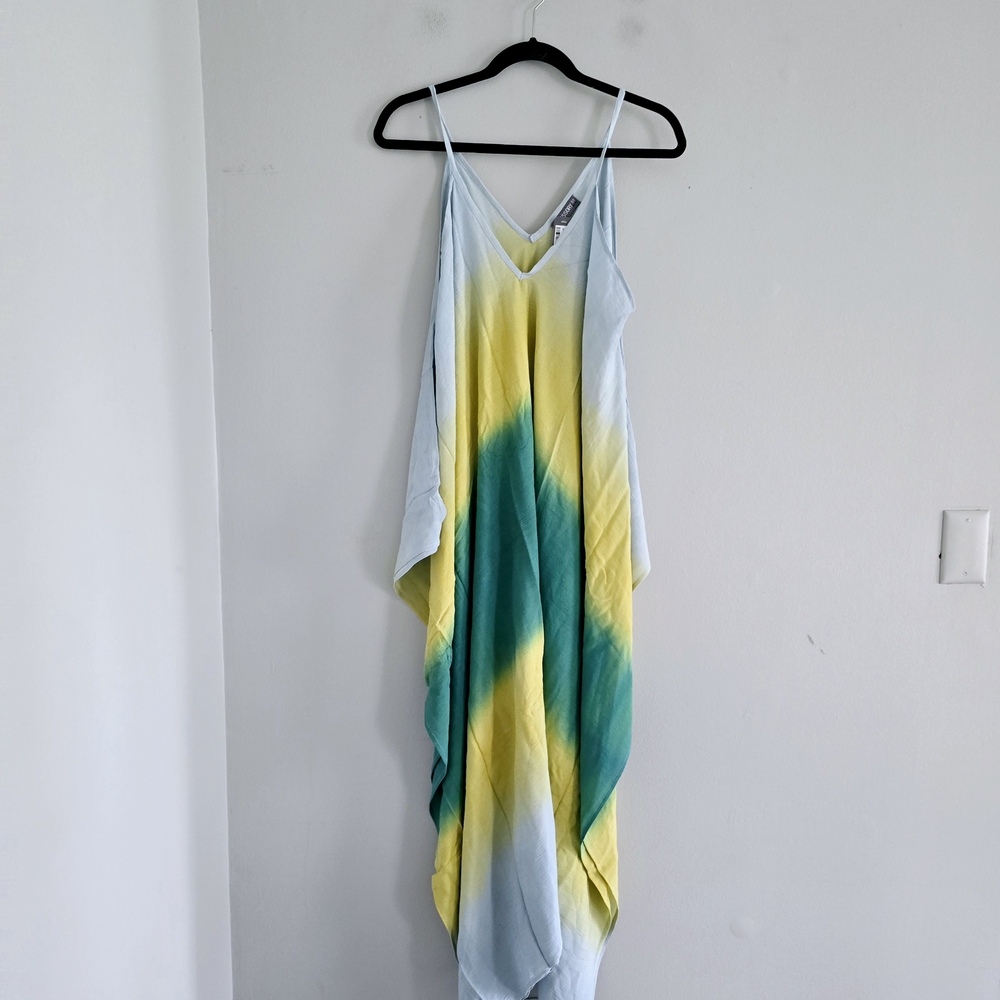 Tie-Dye V-Neck Spaghetti Strap Maxi Dress Swim Coverup Yellow & Teal New